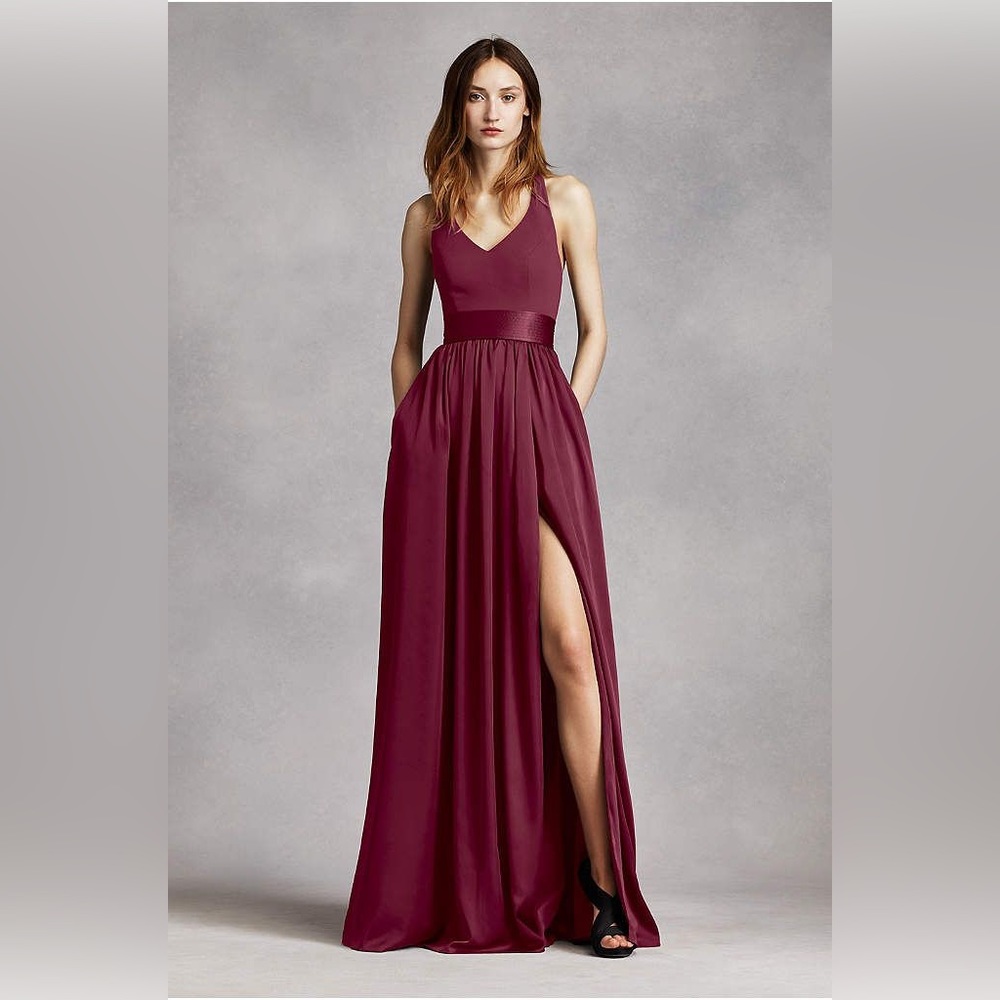 Vera Wang Wine Burgundy V-Neck Halter Wedding Dress with Thigh Slit